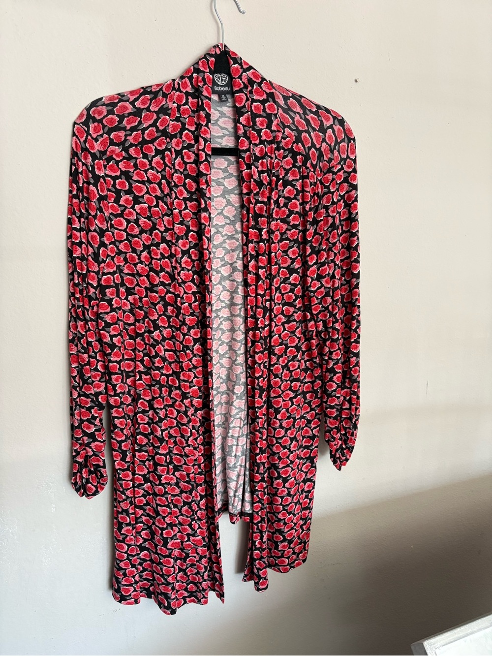 bobeau Black Open-Front Cardigan with Red Floral Print